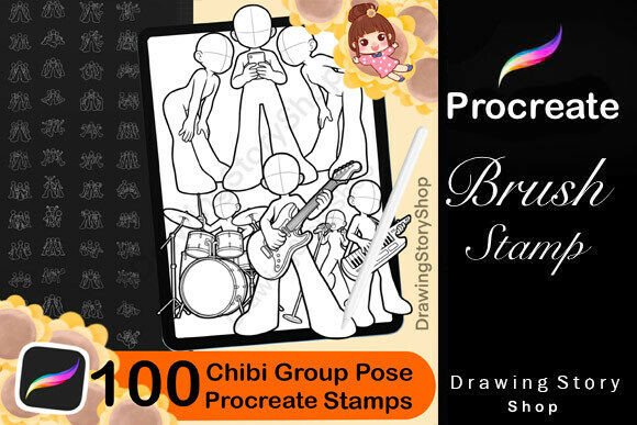 100 Procreate Chibi Group Pose Stamps